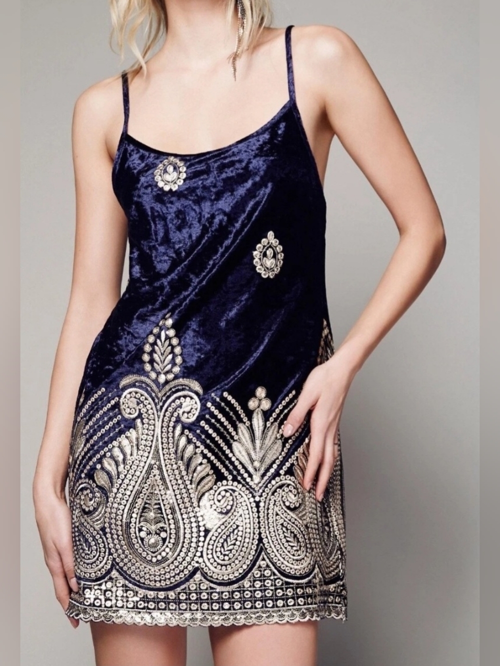 Free People Navy Velvet Slip Midi Dress with Gold Embroidery